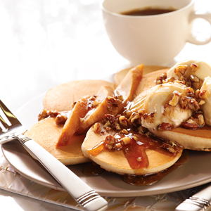 Silver Dollar Pancakes with Roasted Pears and Syrup