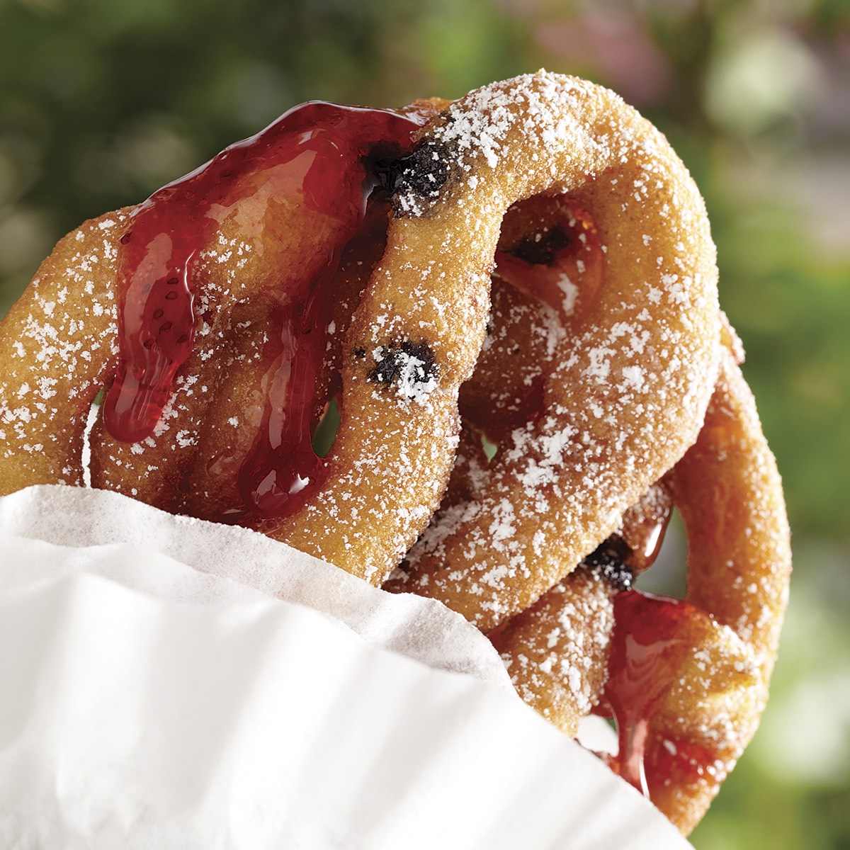 Chocolate Chip Funnel Cakes with Strawberry Dipping Sauce