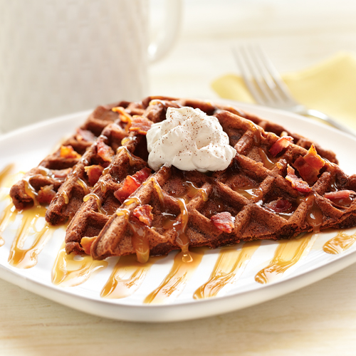 Chocolate Waffles with Caramel Syrup and Bacon