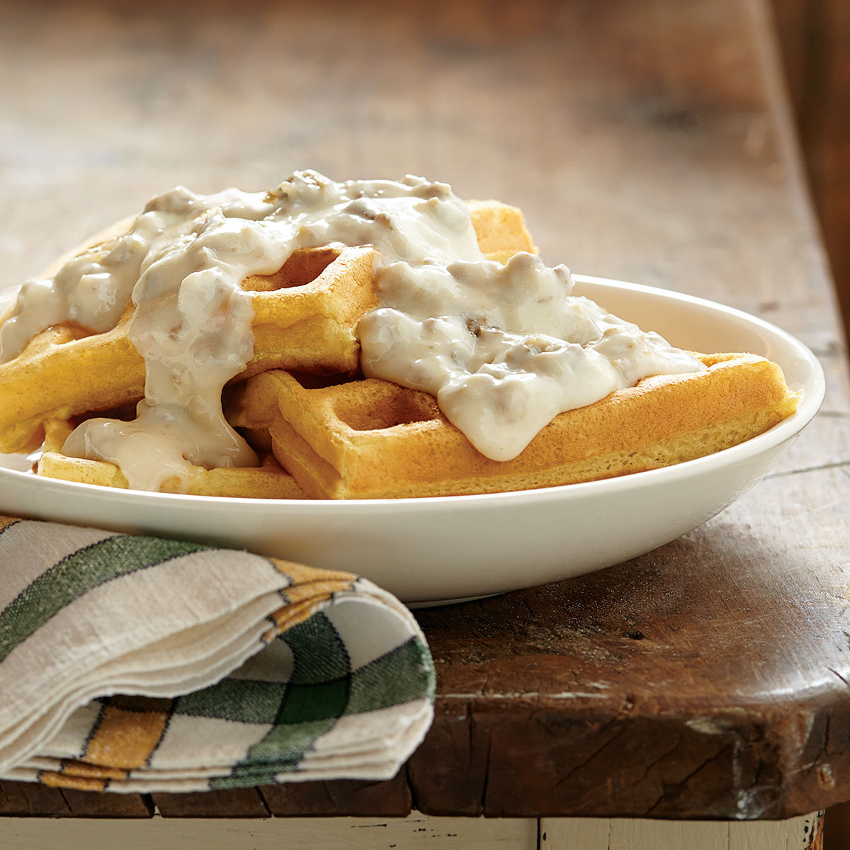 Maple Sausage Gravy Over Waffles