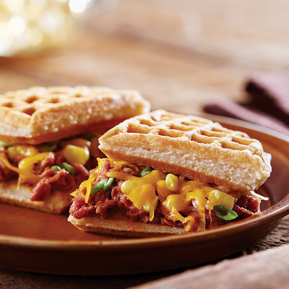 Pulled Pork and Maple Cornbread Waffle Sandwiches