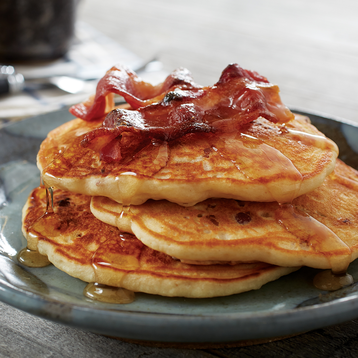 Candied Bacon Pancakes with Cinnamon Brown Sugar Syrup