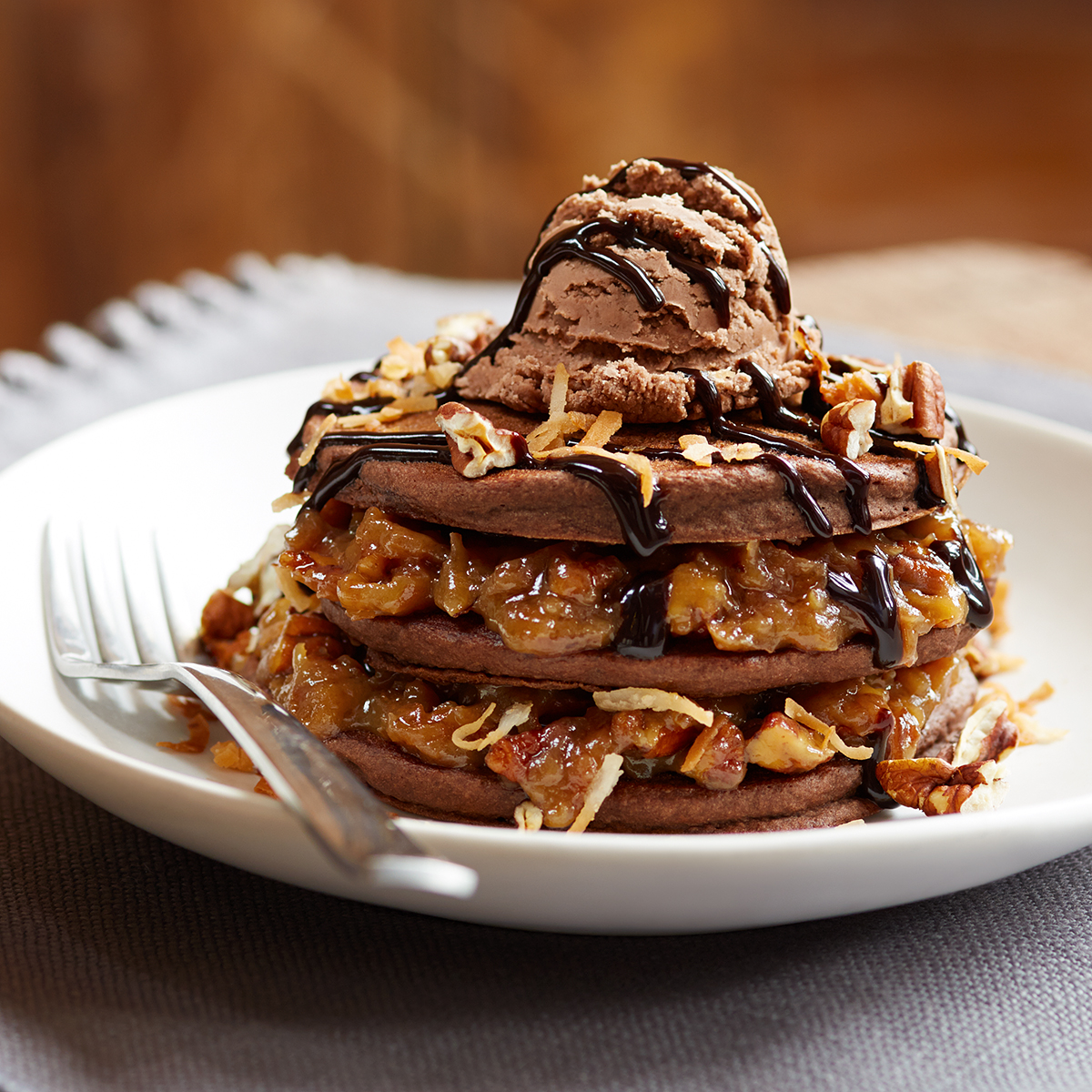 Quadruple Chocolate Coconut Pecan Dessert Pancakes